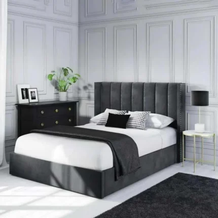 Beige Wing Back Velvet Bed