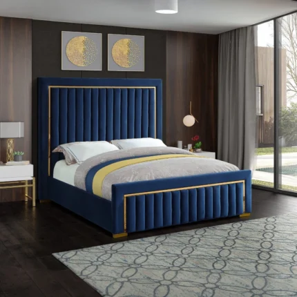 Gold trim high headboard velvet upholstery bed3