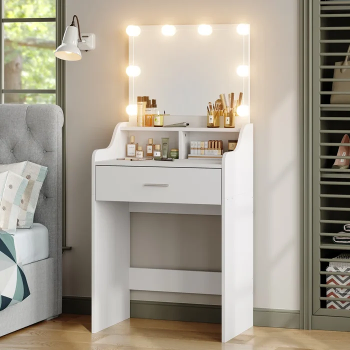 Small Makeup Vanity Desk with LED Lighted Mirror for Bedroom