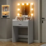 Small Makeup Vanity Desk with LED Lighted Mirror for Bedroom