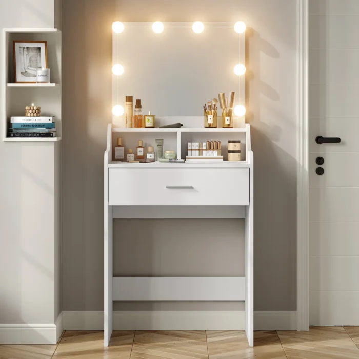 Small Makeup Vanity Desk with LED Lighted Mirror for Bedroom