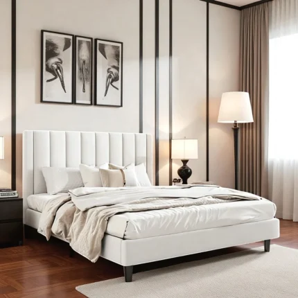 LuxeHaven Modern Upholstered Platform Bed – White Elegance Collection