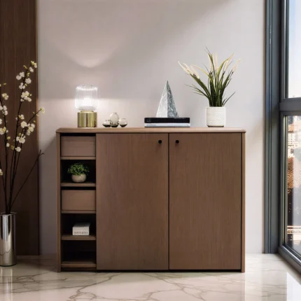 Contemporary Warm Tone Open Shoe Cabinet