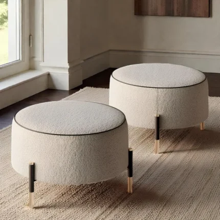 Cream Bouclé Gold-Leg Ottoman Set