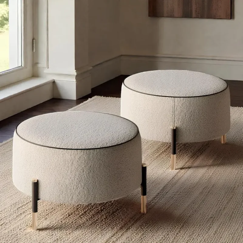 Cream Bouclé Gold-Leg Ottoman Set