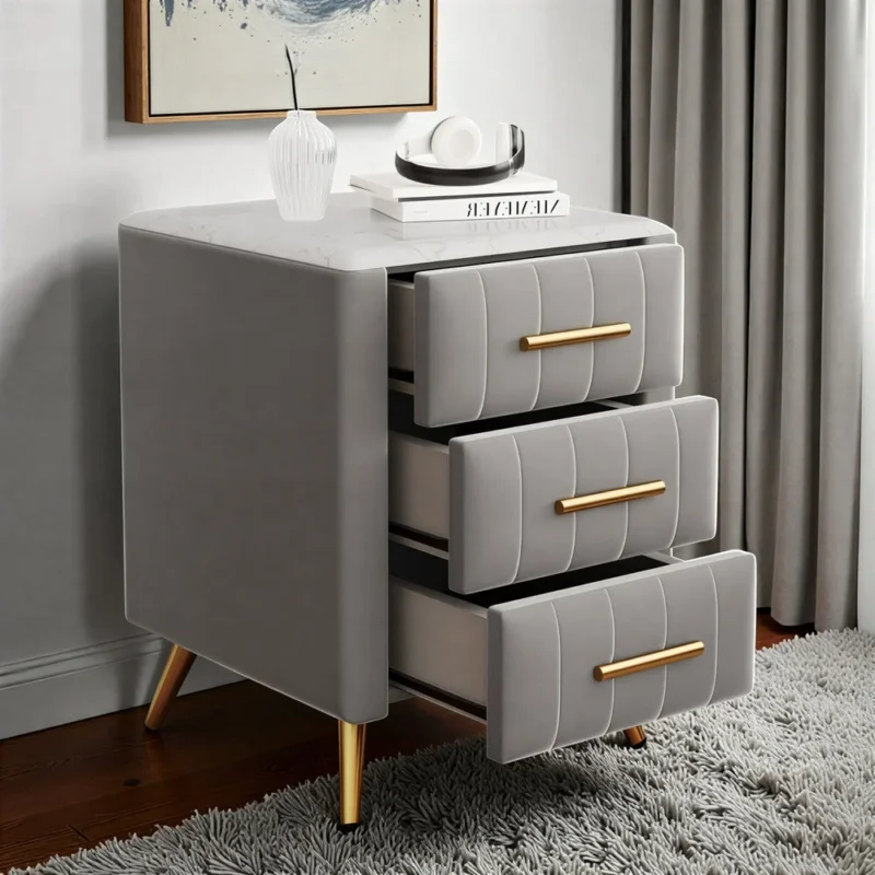 Gray Velvet 3-Drawer Nightstand