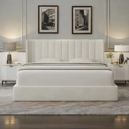 Cream Velvet Channel Wingback Bed