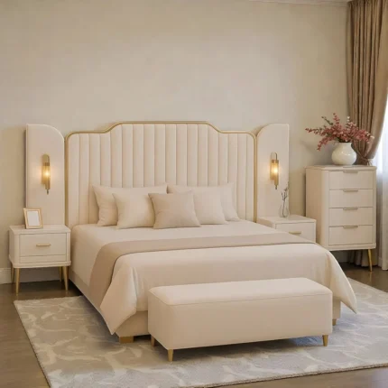 Opal Cream Channel Tufted Bed with Gold Trim