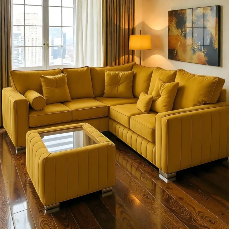 VelvetHorizon Mustard Sectional Sofa